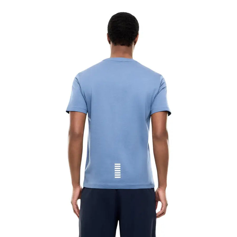 Ea7 men t shirt light blue short sleeve cotton with subtle white vertical stripe detail on the back lower side