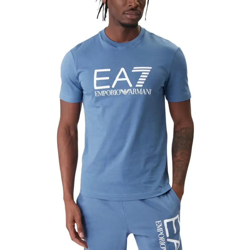 Blue Ea7 Emporio Armani men t-shirt with white logo and lettering, comfortable cotton fabric for casual wear
