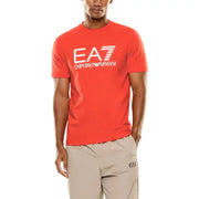 Vibrant red ea7 emporio armani men t-shirt with bold white logo and striped design in a lightweight cotton fabric