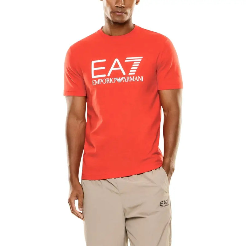 Vibrant red ea7 emporio armani men t-shirt with bold white logo and striped design in a lightweight cotton fabric