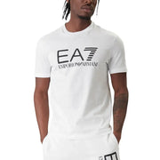 White ea7 emporio armani men t-shirt with black logo and striped design ideal for casual wear