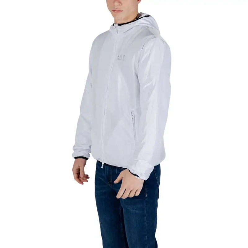 Ea7 men white hooded jacket with zip black trim subtle logo on chest designed for casual wear