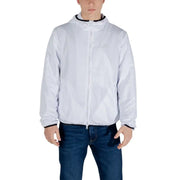 Ea7 men white zip-up hooded jacket with black trim on collar cuffs and zipper pull featuring front pockets