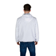 Ea7 men white hooded windbreaker jacket with black trim along collar featuring zip and front pockets