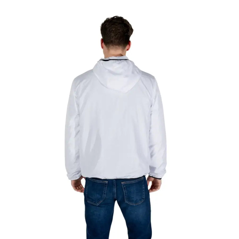 Ea7 men white hooded windbreaker jacket with black trim along collar featuring zip and front pockets