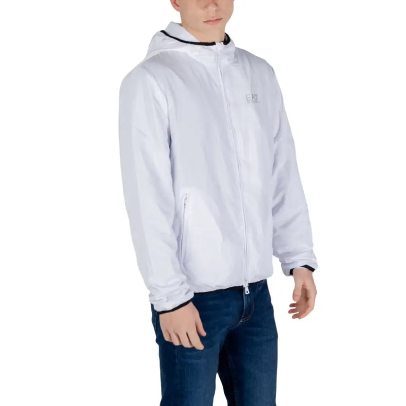 Ea7 men white zip-up hoodie with black trim on hood and cuffs featuring a subtle chest logo and front pockets