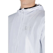Ea7 men white zip-up hooded jacket with black trim and subtle logo embroidery featuring front pockets