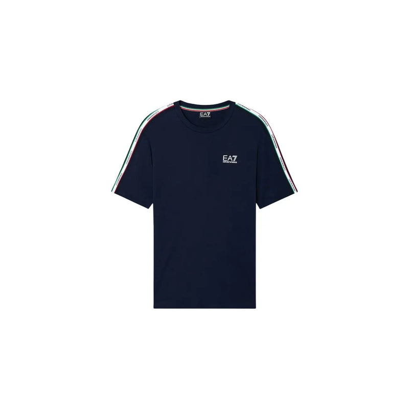 Navy blue Ea7 men t-shirt with white green and red striped shoulder panels showcasing sporty design