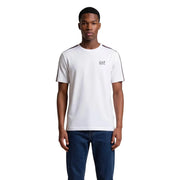 White Ea7 Emporio Armani men t-shirt with black sleeve stripes and small chest logo in a short-sleeved design