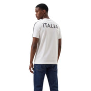 Back side of ea7 men white short-sleeved t-shirt with italia print and black sleeve stripes