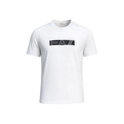 Ea7 men white cotton t-shirt classic fit with bold black rectangular logo and stylized lettering on the chest