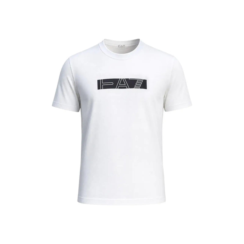 Ea7 men white cotton t-shirt classic fit with bold black rectangular logo and stylized lettering on the chest