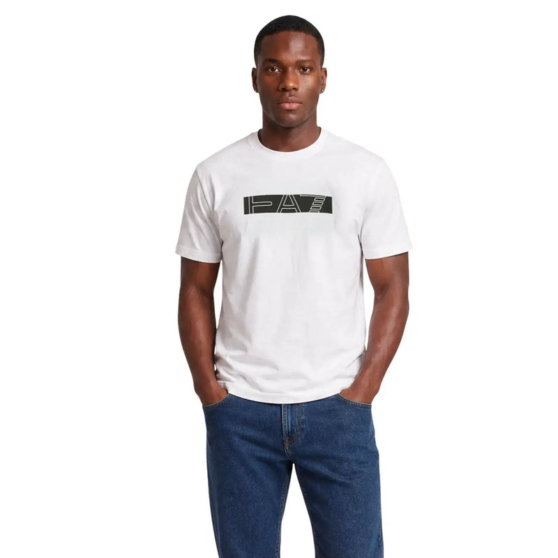 Ea7 men white cotton t shirt classic fit with a black rectangular logo across the chest