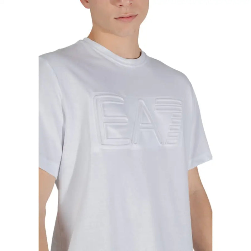 Ea7 men white cotton t shirt with raised textured logo across the chest ideal for casual wear