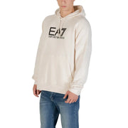 Cream-colored ea7 emporio armani men white hooded sweatshirt with bold black chest logo and front pockets
