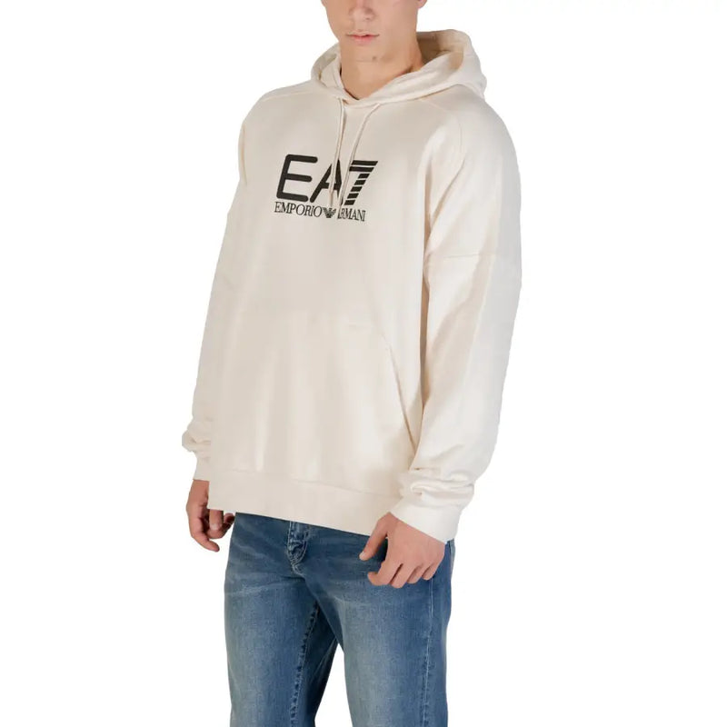Cream-colored ea7 emporio armani men white hooded sweatshirt with bold black chest logo and front pockets