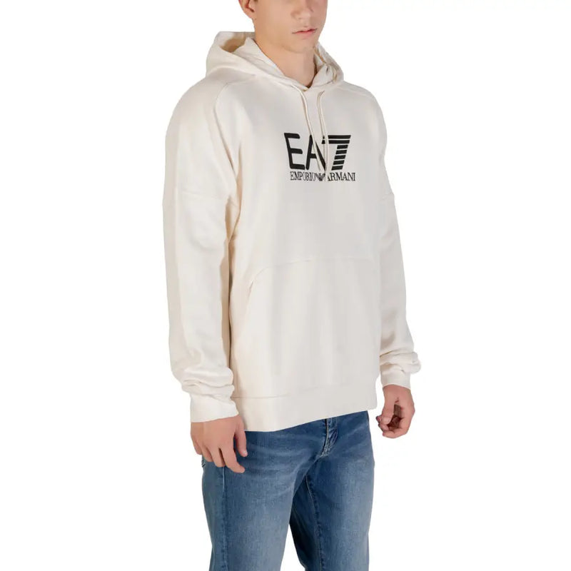 Cream-colored ea7 emporio armani men white hooded sweatshirt with front pockets and black chest logo
