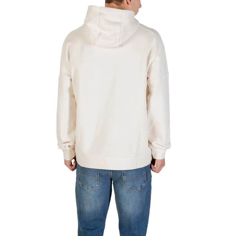 Ea7 men white hooded sweatshirt with cream color relaxed fit and ribbed cuffs featuring front pockets