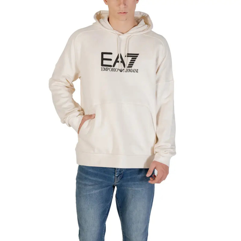 Cream-colored ea7 emporio armani men white hooded sweatshirt with black logo front pockets and drawstring hood