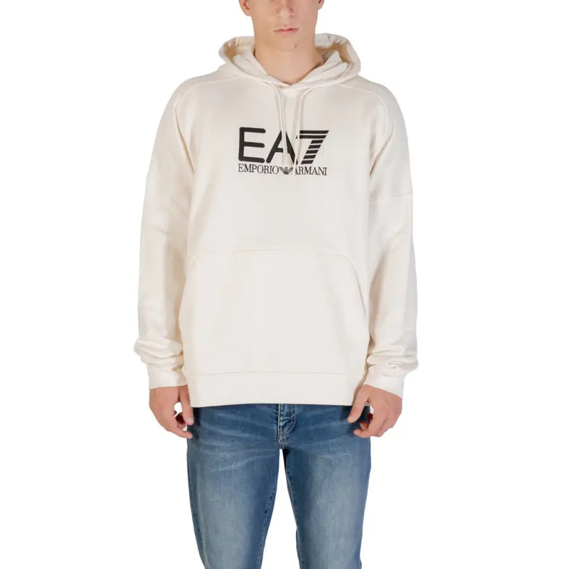 Cream-colored Ea7 Emporio Armani men white hooded sweatshirt with front pockets black logo and drawstrings