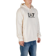 Cream-colored ea7 emporio armani men white hooded sweatshirt with front pockets and black chest logo
