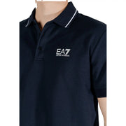 Ea7 men’s blue polo shirt spring summer with dark navy short sleeves white collar trim and subtle embroidered logo