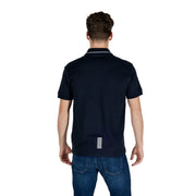 Ea7 men’s navy blue short-sleeved cotton polo shirt with white collar trim and six white bars on the back lower side