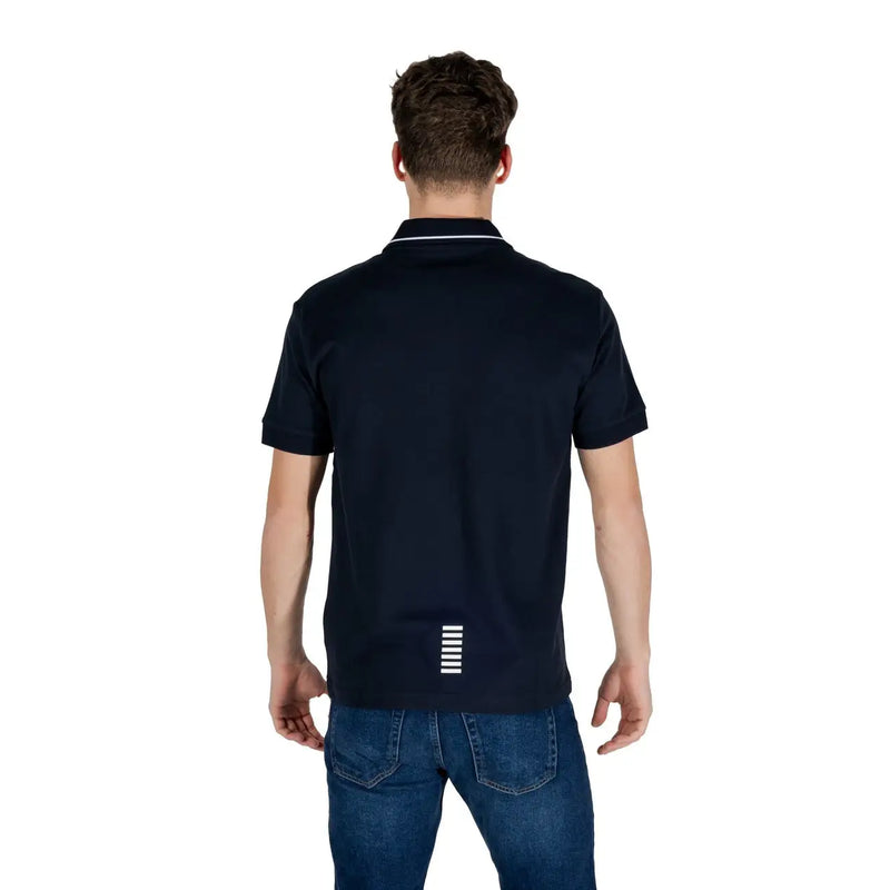 Ea7 men’s navy blue short-sleeved cotton polo shirt with white collar trim and six white bars on the back lower side