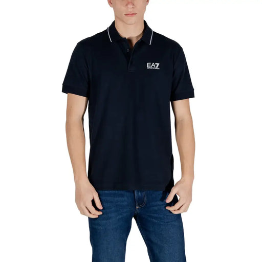 Black ea7 polo shirt with white trim on collar and placket featuring subtle embroidered logo for spring summer wear