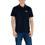 Black ea7 polo shirt with white trim on collar and placket featuring subtle embroidered logo for spring summer wear