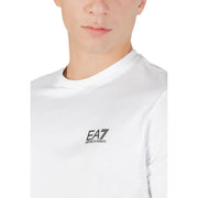 Ea7 men’s white cotton crew neck t-shirt with black emporio armani logo embroidery on the front