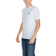 Ea7 men’s white cotton t-shirt featuring a small black logo on the left chest for casual wear