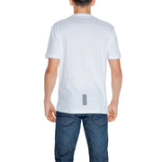 Ea7 men’s white cotton t-shirt with short sleeves and subtle black vertical stripe pattern near the bottom hem