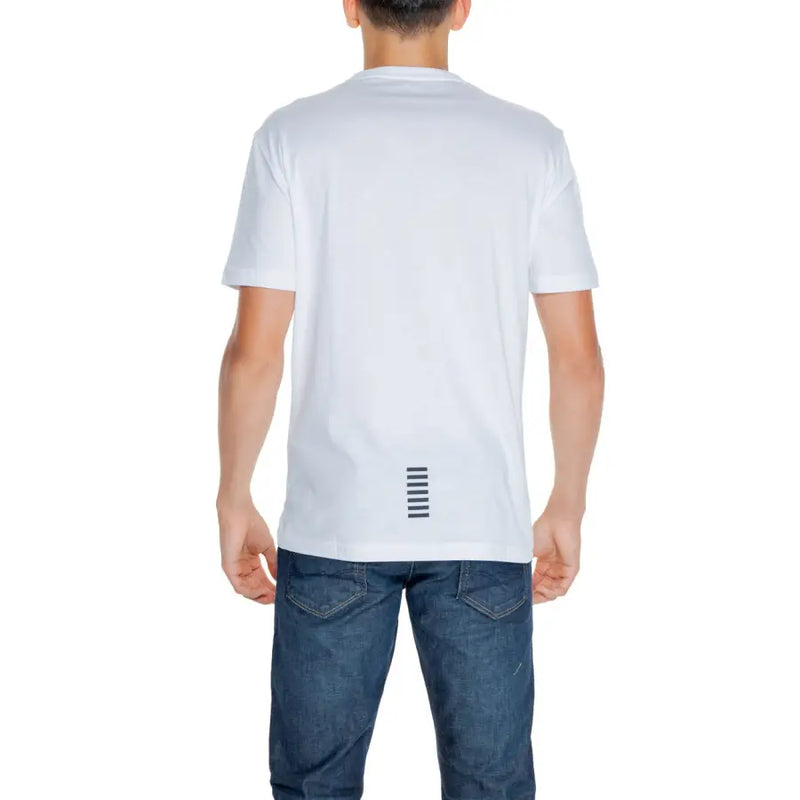 Ea7 men’s white cotton t-shirt with short sleeves and subtle black vertical stripe pattern near the bottom hem