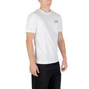 Ea7 men’s white cotton t-shirt featuring a subtle black logo on the left chest for casual wear