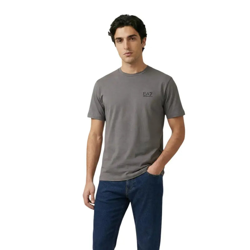 Ea7 men’s gray cotton t-shirt with subtle black logo on left chest ideal for casual wear