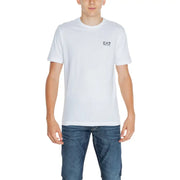 EA7 men’s white cotton t-shirt with a small black logo on the left chest for casual wear