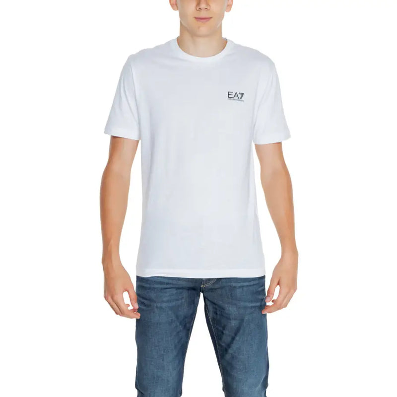 EA7 men’s white cotton t-shirt with a small black logo on the left chest for casual wear