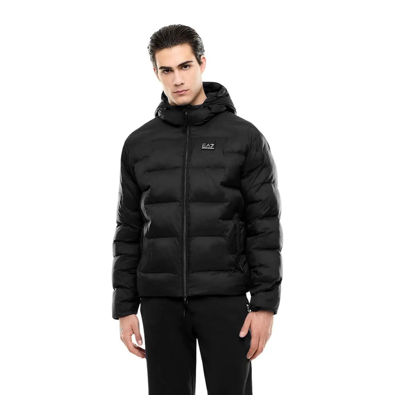 Ea7 puffer jacket for men in black with quilted design and hood featuring ea7 logo on chest, front view
