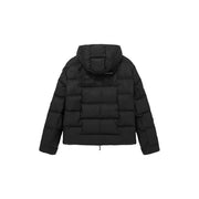 Ea7 puffer jacket for men in black with quilted design and hood, front view