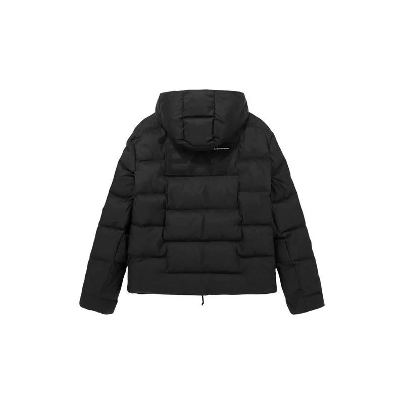 Ea7 puffer jacket for men in black with quilted design and hood, front view
