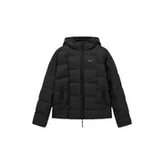 Ea7 puffer jacket for men in black with hood front zipper and ea7 logo on chest, front view