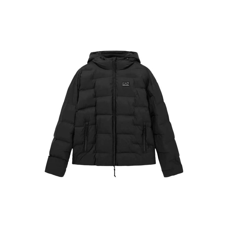 Ea7 puffer jacket for men in black with hood front zipper and ea7 logo on chest, front view