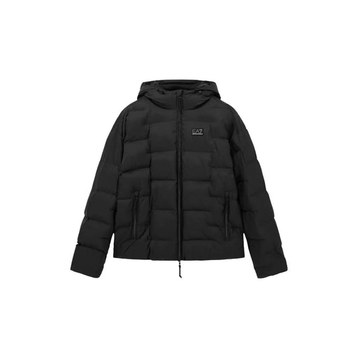 Ea7 Schwarze Steppjacke für Herren mit Kapuze, Frontreißverschluss und ea7-Logo auf der Brust, Vorderansicht