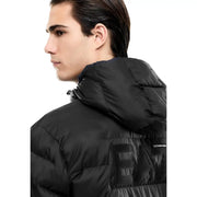 EA7 puffer jacket for men in black with quilted design and large ea7 logo patch, back view