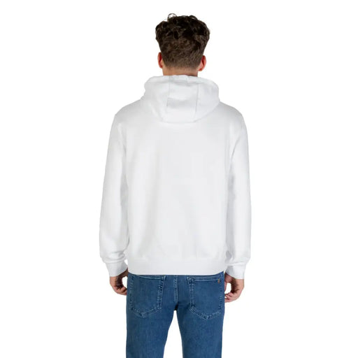 Men’s white cotton blend hooded sweatshirt paired with blue jeans displayed in product image