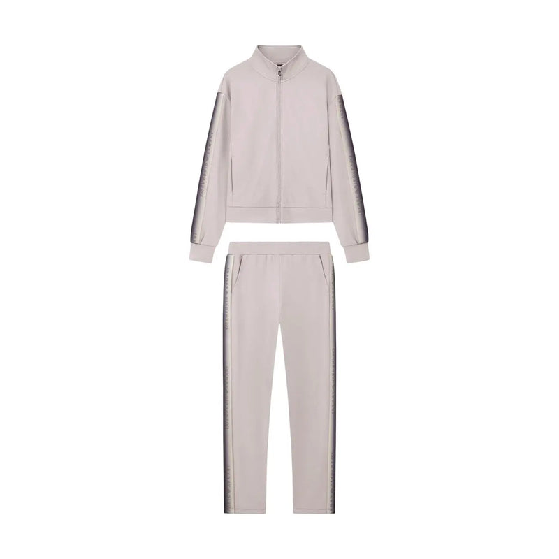 Ea7 Beigefarbener zweiteiliger Trainingsanzug aus Baumwollmischgewebe mit metallisch-silbernen Streifen für Damen, geeignet für Herbst und Winter