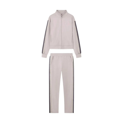Ea7 Ensemble de survêtement deux pièces pour femme, en mélange de coton beige avec rayures argentées métallisées, idéal pour l'automne et l'hiver.
