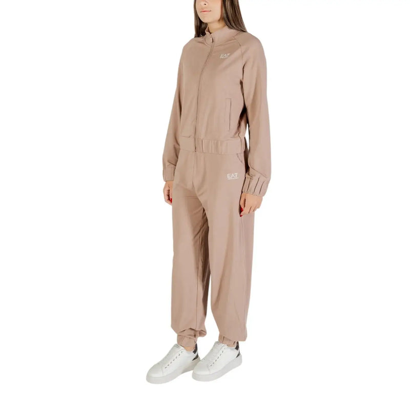 Ea7 Women’s beige cotton blend long jumpsuit with zip front and front pockets