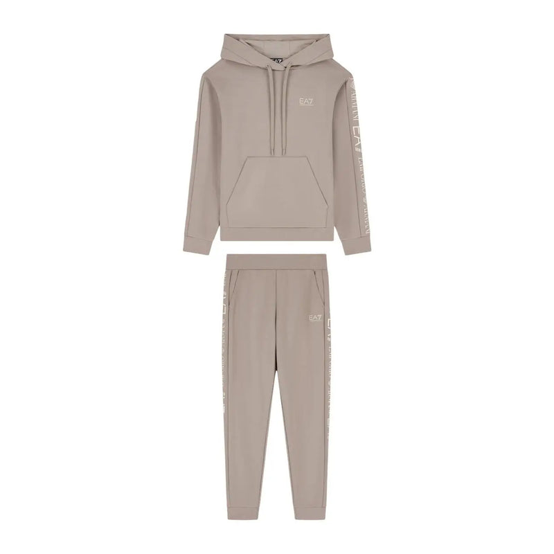 Ea7 Beigefarbener Damen-Overall aus Polyestergemisch mit Kapuze, bestehend aus einem Hoodie und einer Jogginghose mit dezenten weißen Logos
